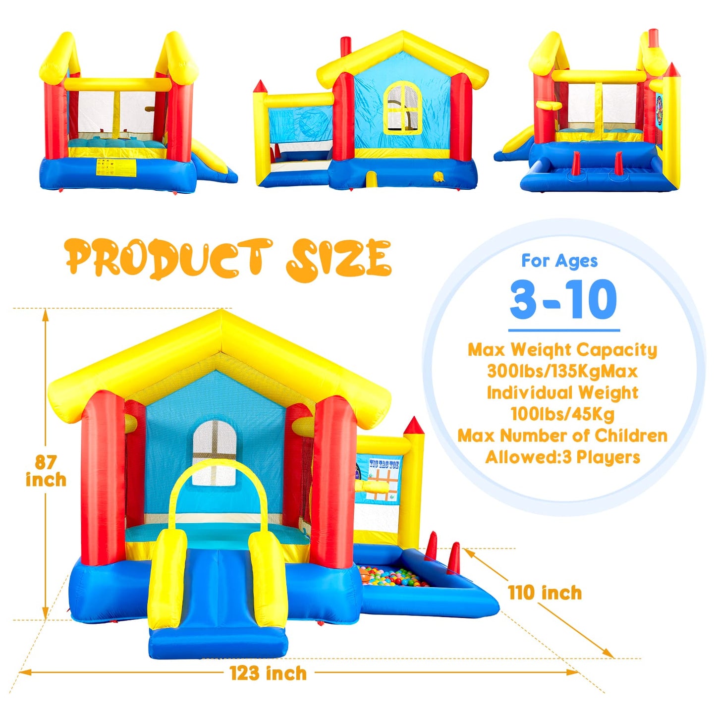 WHATOOK 8 in 1 Inflatable Bounce House with Blower Basketball Hoop Ocean Balls Ring-toss Game Target and Sticky Ball Game for Kids