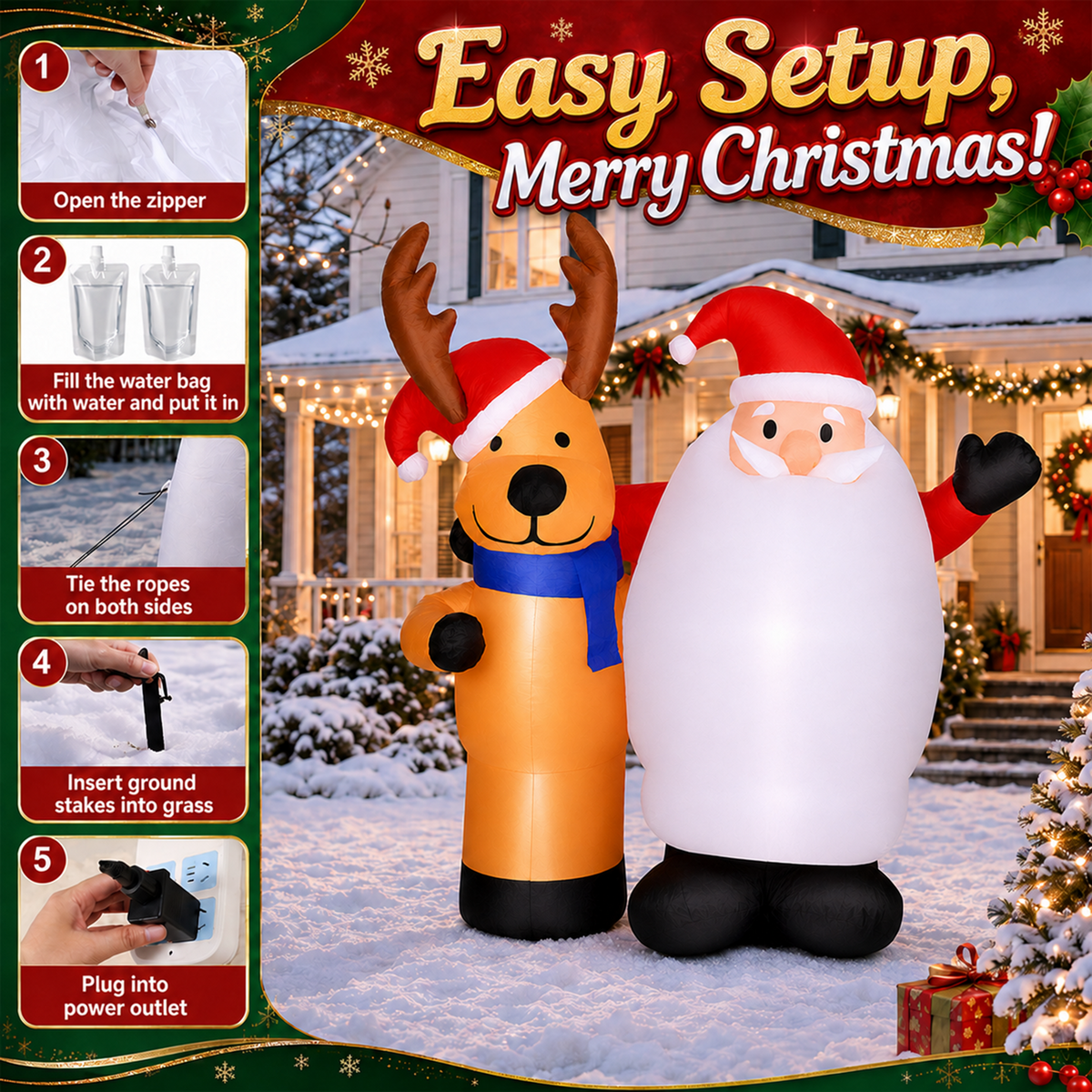 5Ft Christmas Inflatable Decorations, Blowup Santa and Reindeer, Lighted Xmas Inflatable for Yard Front Door Indoor & Outdoor Decor