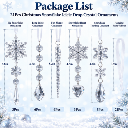 Christmas Decoration Crystal Ornaments, 21Pcs Acrylic Hanging Ornaments, Snowflake Icicle Drop Shaped Decorations for Christmas Tree, Winter Holiday Party