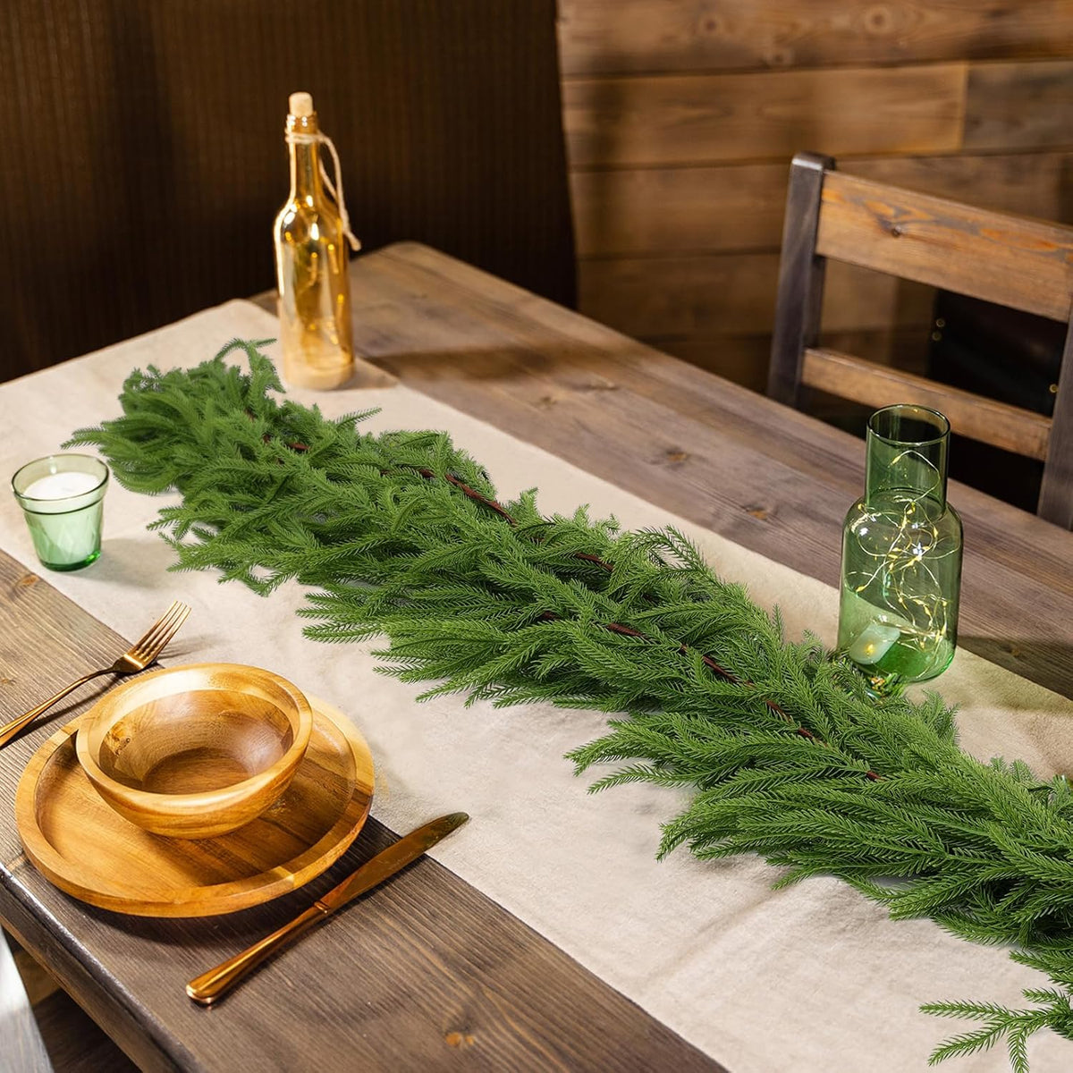 PUCACHI 2 Pcs 6 Ft Christmas Garland,Artificial Norfolk Pine Garlands,Real Touch Winter Pine Garland,Artificial Greenery Garland for Table,Mantle,Indoor,Outdoor Christmas Decorations（Green）