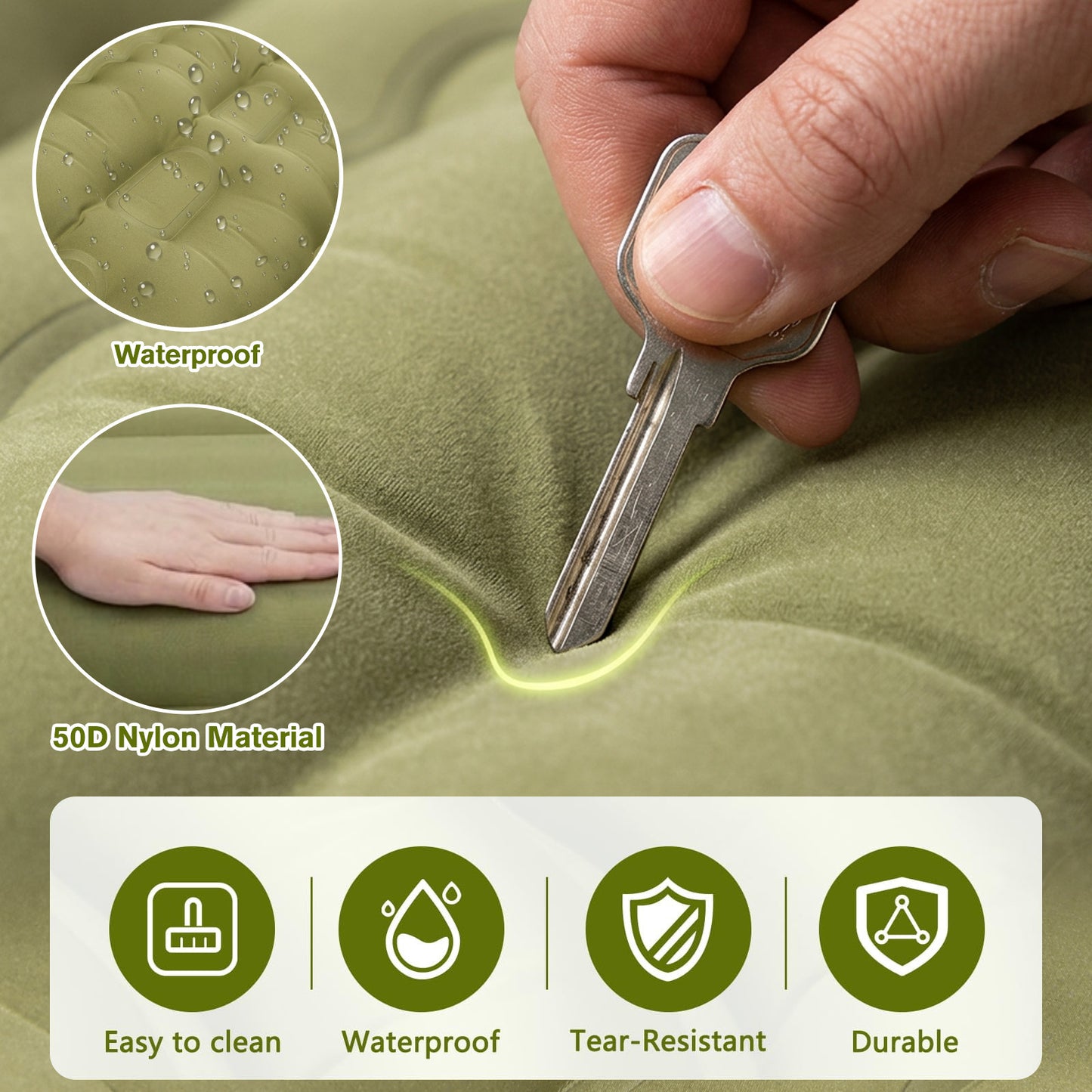 Merryhome Sleeping Mat for Camping,6" Extra-Thick Reinforced Sleeping Pad with Pillows & Built-in Foot Pump,Ultralight Self Inflating Air Mattress Mat for Tent Hiking Essentials Gear（Single,Green）