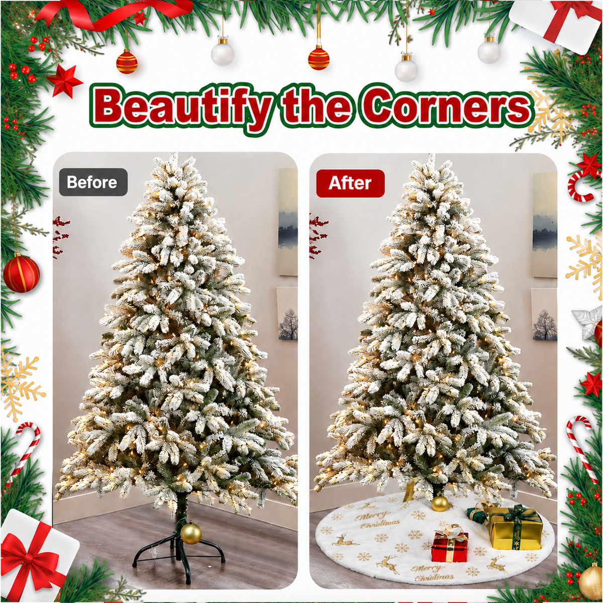 PUCACHI 48in Christmas Tree Skirt,White Faux Fur Christmas Tree Skirt with Gold Sequin Snowflakes & Deers,Large Plush Tree Skirts for Xmas Holiday Party Decorations