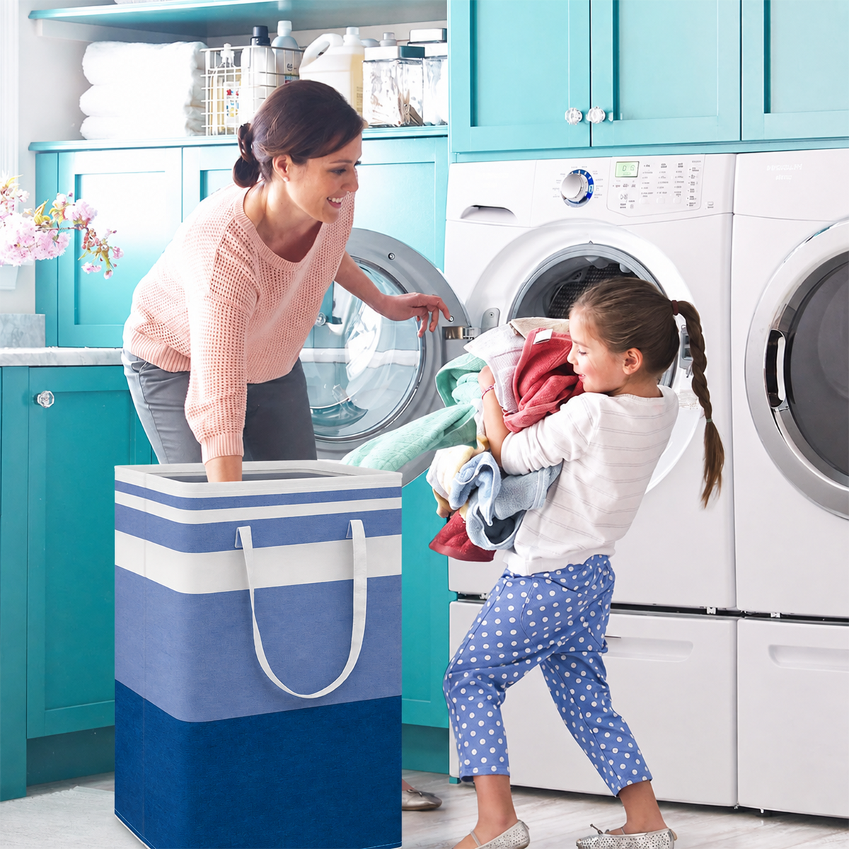 PUCACHI 2 Pack 100L Laundry Hamper Collapsible-Large Laundry Baskets,Freestanding Waterproof Clothes Hamper with Easy Carry Handles in Laundry Room Bedroom Bathroom College Dorm for Adults,Blue