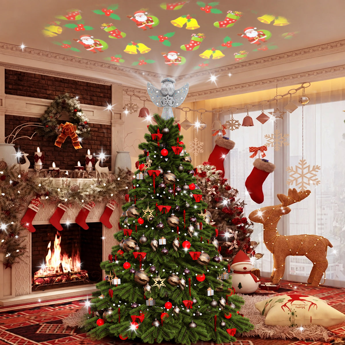Christmas Tree Toppers Lighted, Christmas Angel Tree Topper with Built-in LED Rotating Lights, 3D Glitter Projection for Xmas Party Holiday Decorations