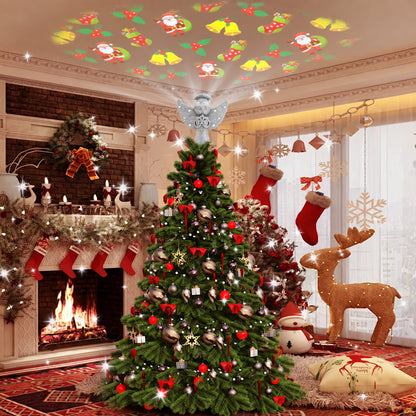 Christmas Tree Toppers Lighted, Christmas Angel Tree Topper with Built-in LED Rotating Lights, 3D Glitter Projection for Xmas Party Holiday Decorations