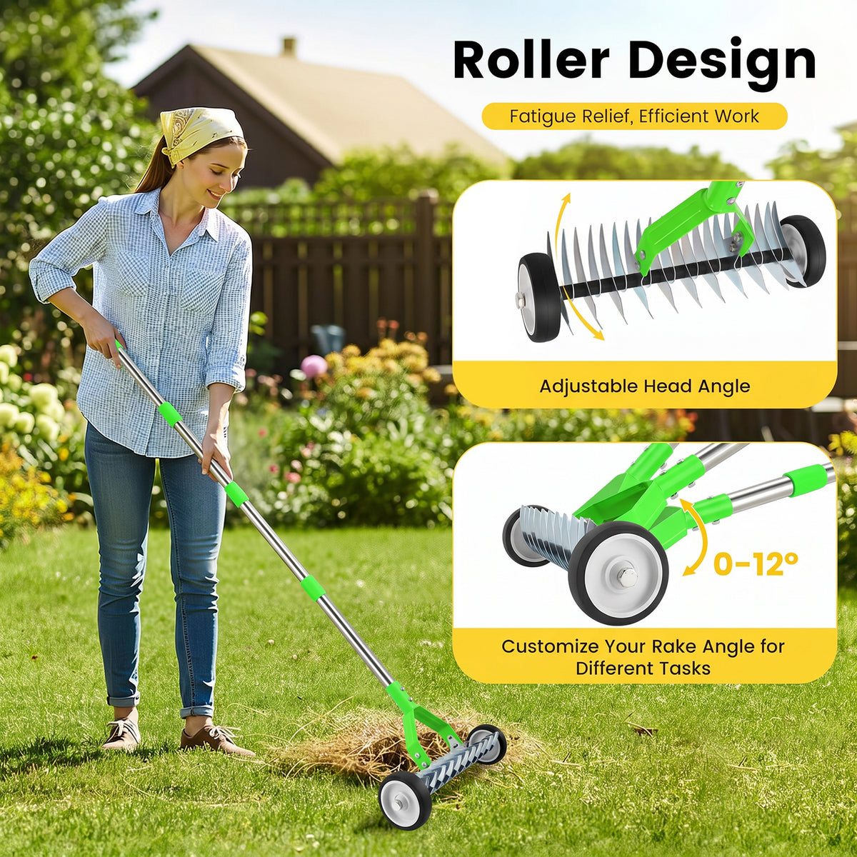 Merryhome Thatch Rake with Wheels,37-65.35'' Adjustable Dethatching Roller Rake,Adjustable 0-12° Angle Stainless Steel Blades Heavy Duty Dethatcher,21 Tines Garden Rake for Moss,Grass,Leaves,Debris(Green)