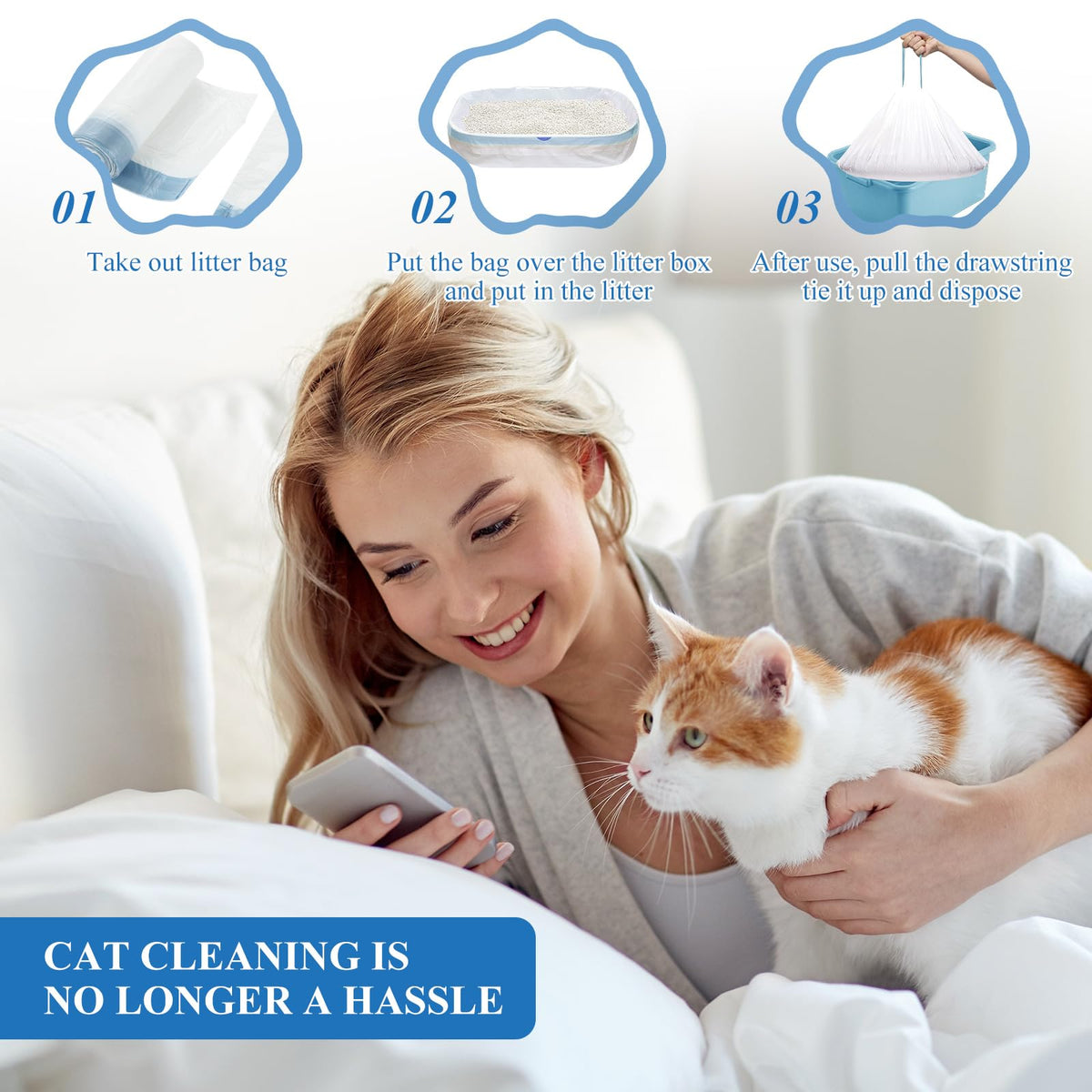 Merryhome Cat Litter Box Liners - 60 Count Jumbo Drawstring Cat Litter Bags, Extra Thick Litter Pan Liners Heavy Duty 33" x 17"