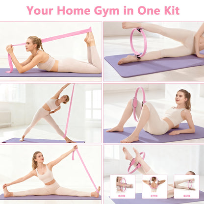 Merryhome 5‑in‑1 Pilates Ring Set – 15" Pilates Ring, 9.8" Mini Ball, 70" Stretch Strap, Resistance Band, NBR Material, Home Workout Kit for Women