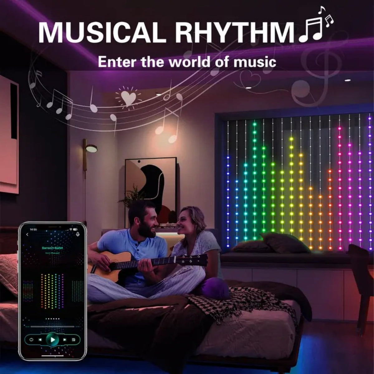 Merryhome Rgb Curtain Light 5.24x5.24ft, 256 Led Smart String Lights, Usb Powered, App & Remote Controlled, Wall Decor for Bedroom, Outdoor Holiday Christmas Gift
