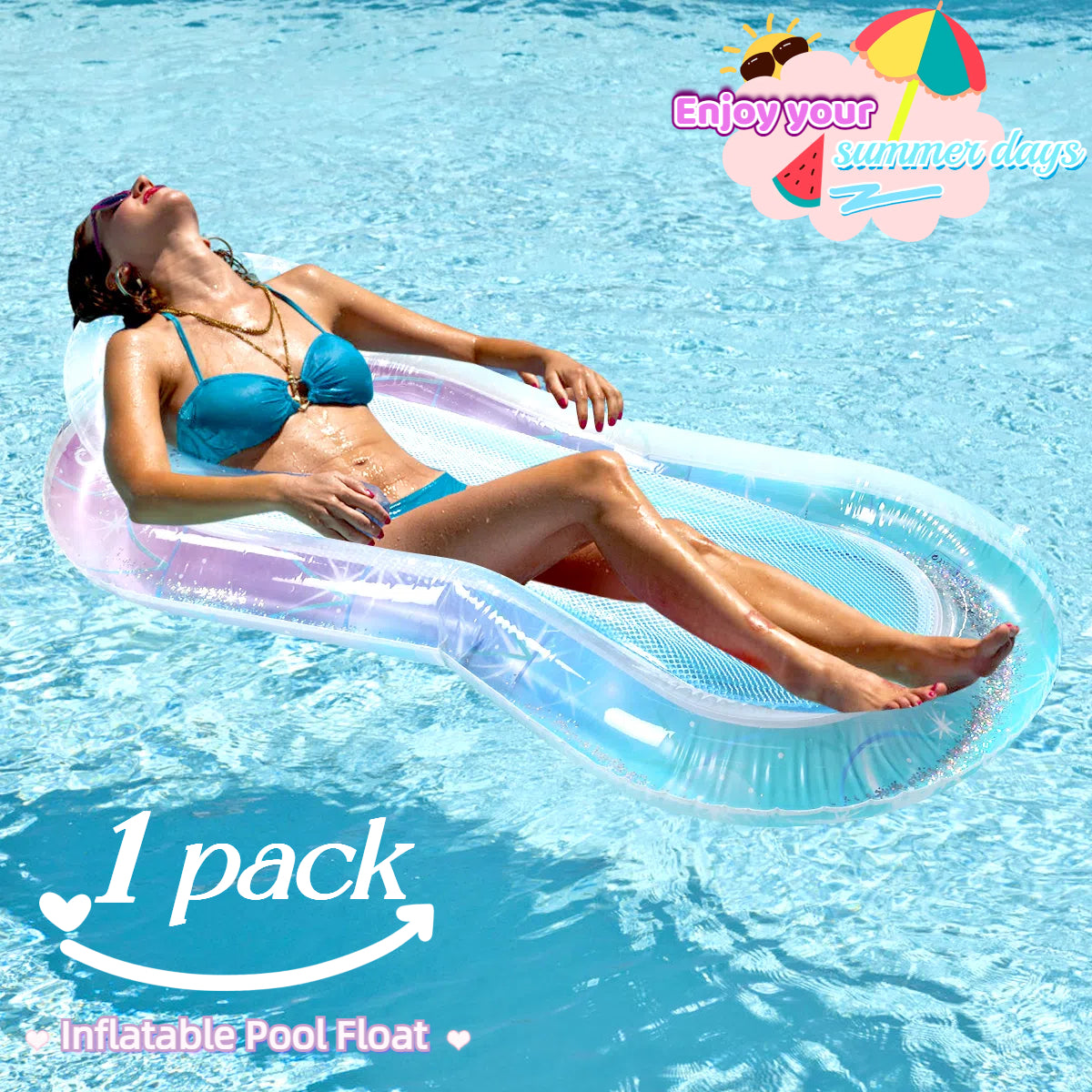 Inflatable Pool Floats Raft, Floating Pool Lounger, Water Hammock Lounge with Headrest, Inflatable Pool Floaties Contour Lounger, Swimming Pool Chair Bed with Mesh, Beach Toy for Adults (Blue)