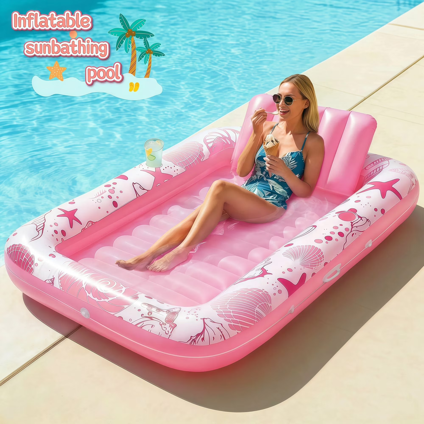 Teblint Inflatable Tanning Pool Rafts for Adults, 70" x 46" Pool Floats with Pillow, 4-in-1 Suntan Tub Raft Floatie, Sunbathing Bed Lounge for Water Backyard, Blow up Kids' Ball Pit, Pink