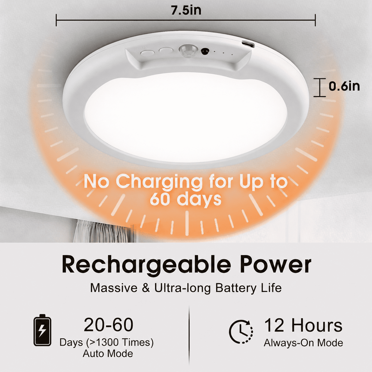 Rechargeable Ceiling Light with Motion Sensor and Remote 7.5 in , Wireless Magnetic LED Light, 3 Color Temps, 10-Level Dimming for Closet, Hallway and Storage Room