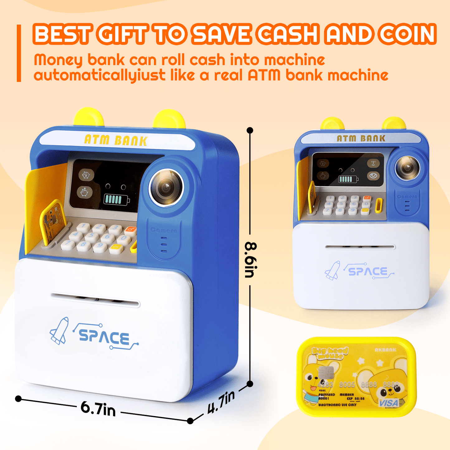 Kidsjoy Piggy Bank Toy, ATM Savings Bank Cashier Early Learning with Password Protection Money Bank Money Scroll Saving Box for Boys and Girls, Blue