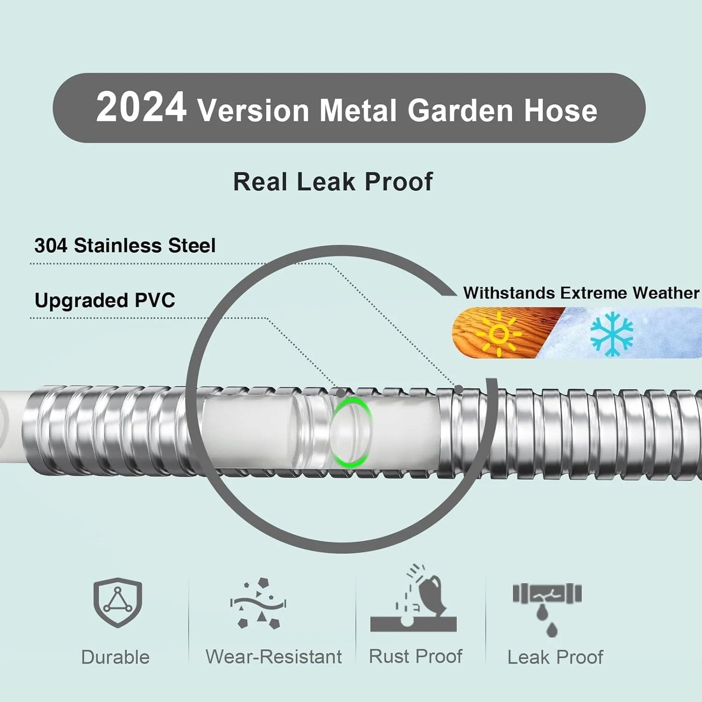 Metal Garden Hose 50ft, 304 Stainless Steel Garden Hose, Heavy Duty Water Hoses with 10 Function Hose Nozzle, Flexible, No Kink & Tangle, Puncture Proof Hose for Yard, Outdoors, Rv