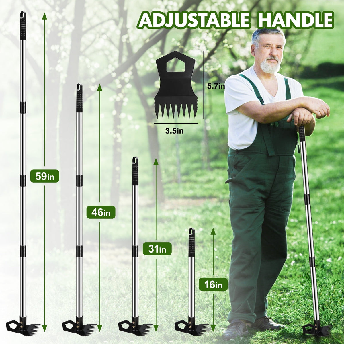 Merryhome 60 Inch Long Handle Stand Up Weed Puller Tool, 2-in-1 8-Tine Weed Rake & Hoe, Heavy Duty Stainless Steel Weeding Tool for Lawn Garden Yard – No Bending, No Kneeling