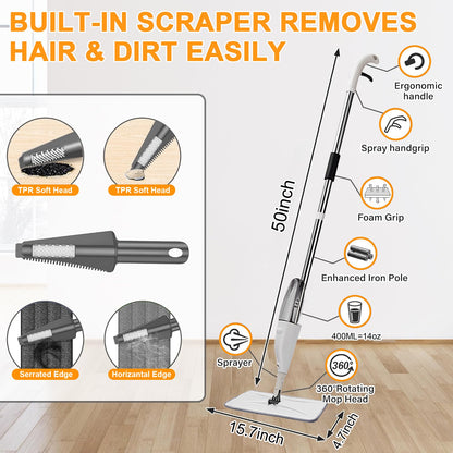 Spray Mop with 14 oz Refillable Bottle & 4 Washable Microfiber Pads – Lightweight Flat Floor Cleaner for Wood, Tile, Laminate (Gray, 1 Pack)