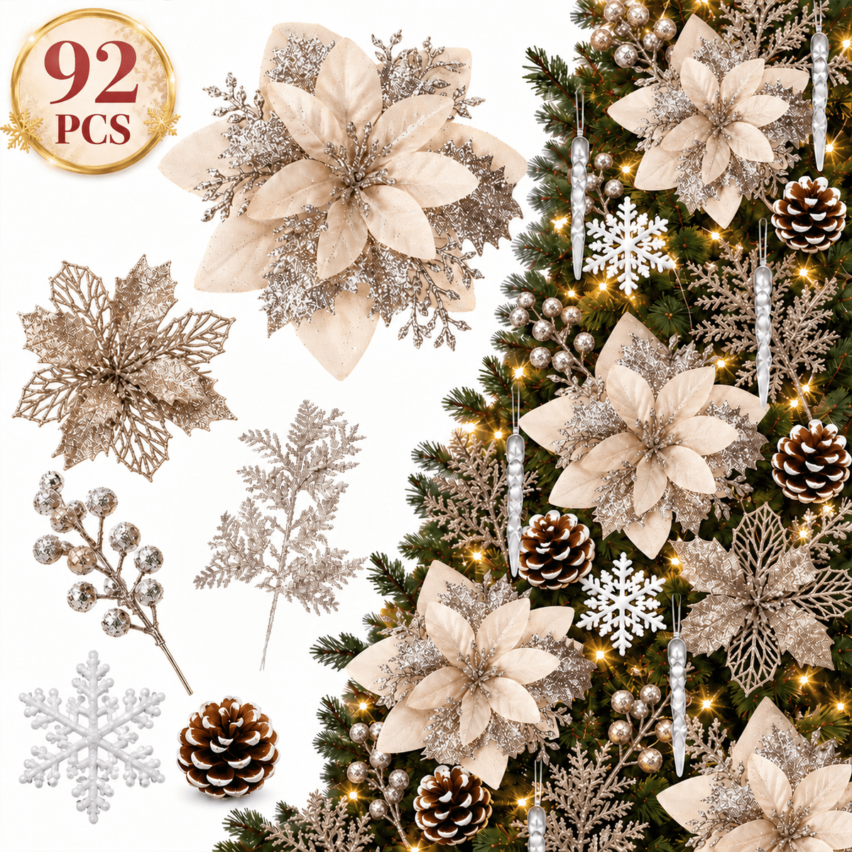 PUCACHI 92Pcs Christmas Tree Decorations Set with Poinsettia Christmas Flowers, Glitter Berry Stems, Snowflakes, Pine Cones and Icicle Drop Crystal Ornaments, Champagne