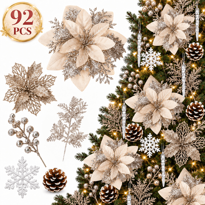 PUCACHI 92Pcs Christmas Tree Decorations Set with Poinsettia Christmas Flowers, Glitter Berry Stems, Snowflakes, Pine Cones and Icicle Drop Crystal Ornaments, Champagne