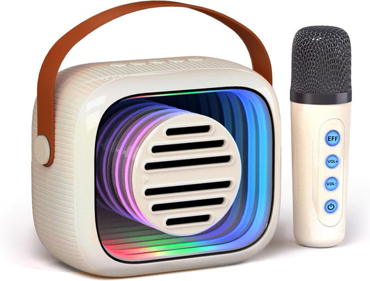 Mini Karaoke Machine for Kids, Portable Bluetooth Speaker with Microphone, 5 Voice Changing Effects, Colorful Lights for Christmas and Birthday Gifts -Beige