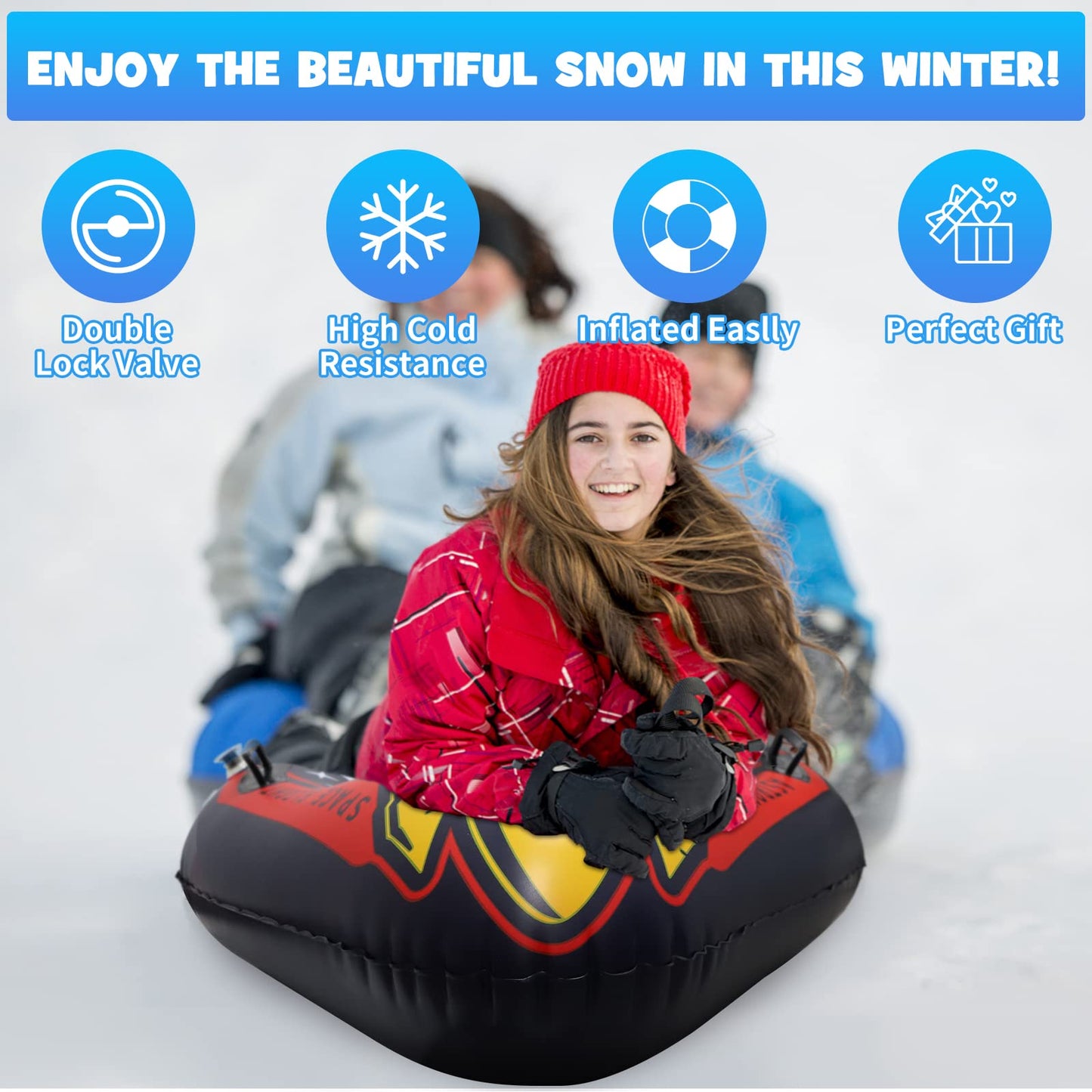 WHATOOK 47 Inch 1-Pack Inflatable Snow Sled for Kids and Adults, Thick and Durable Hard Bottom Snow Sled with Handle, Winter Outdoor Sports Toys for Boys Girls Family Activities