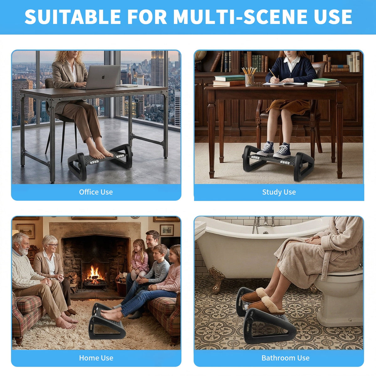Merryhome Foot Rest Under Desk with 6 Adjustable Heights, Ergonomic Under Desk Footrest with Massage Rollers and Textured Surface for Office, Home and Travel, Black
