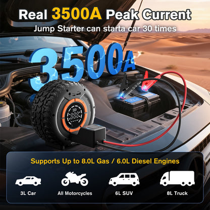 Car Jump Starter With Air Compressor Power Bank 3500A 150PSI Car Battery Jump Starter Digital Display Tire Inflator Portable Battery Jump Box