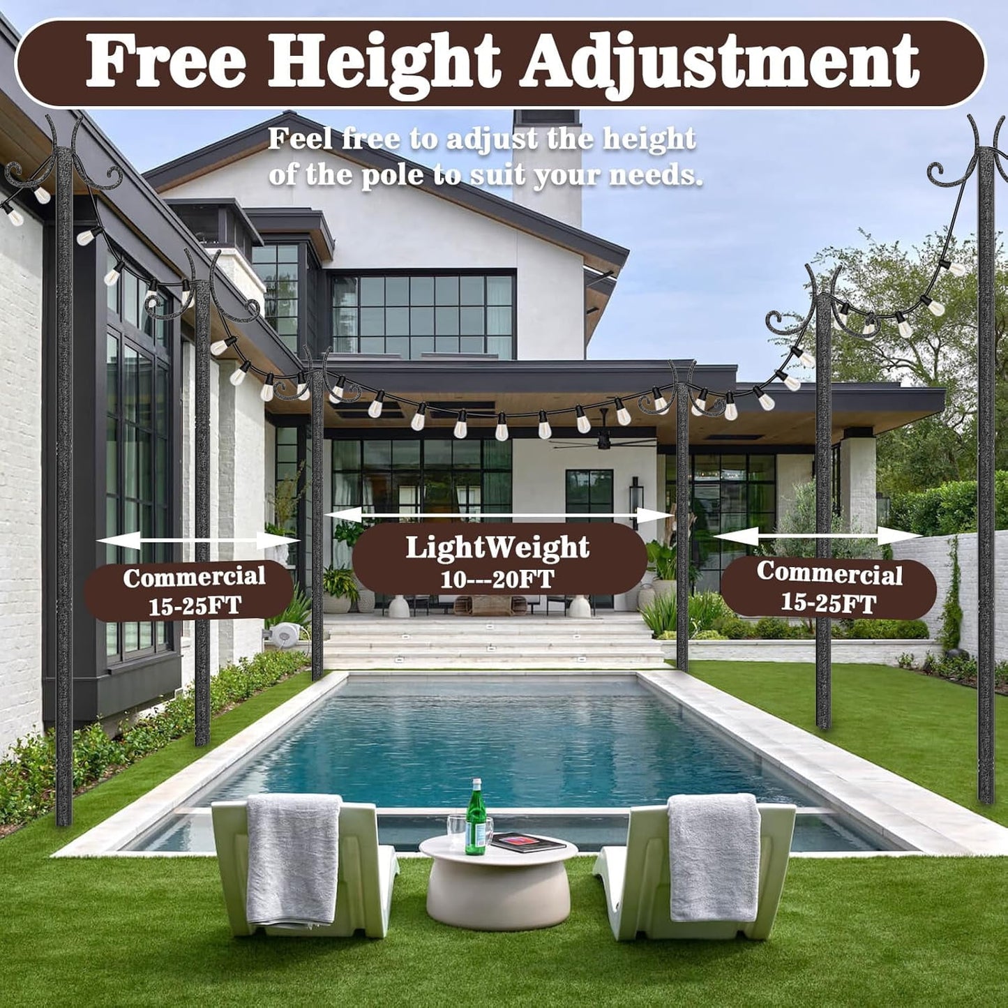 10-foot Outdoor Light Pole (2-Pack) - with Fork Bracket for String Lights, Patio and Deck, Weather Resistant and Height Adjustable - Easy to Install