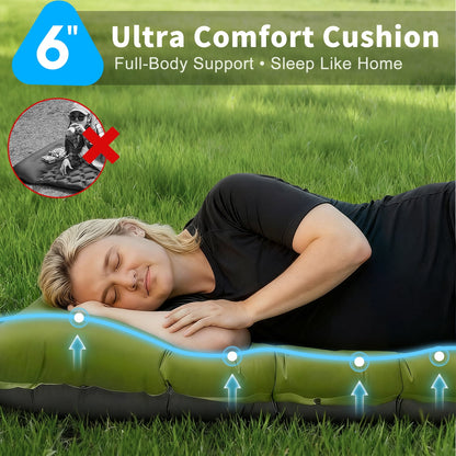 Sleeping Pad for Camping,6" Thick Inflatable Air Mattress with Built-in Foot Pump Pillow, Ultralight Self-Inflating Mat for Tent & Hiking