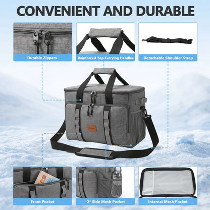 Merryhome 60 Can Collapsible Soft Sided Cooler Bag, Leakproof Insulated Portable Cooler for Beach, Camping, Travel, Picnic and Grocery, Gray