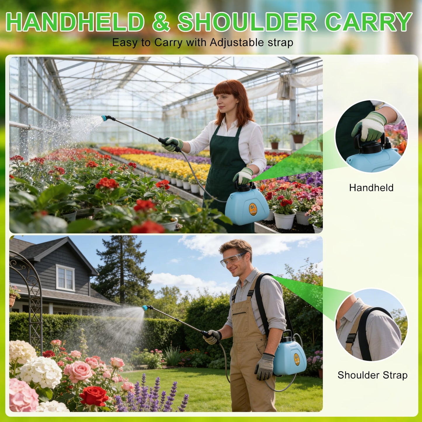 Merryhome Battery Powered Sprayer, 2.1 Gallon/8L Electric Sprayer with 3 Mist Nozzles, USB Rechargeable Handle, Retractable Wand & Adjustable Strap for Lawn, Garden, Yard and Weed Control
