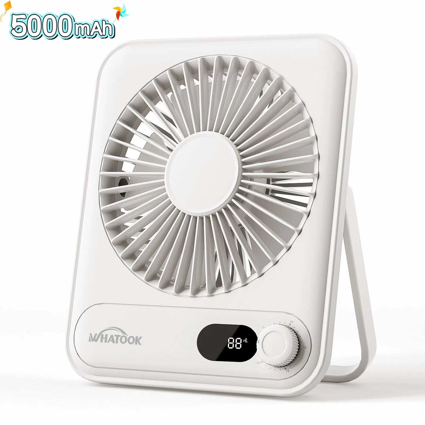 USB Desk Fan Portable Fan Rechargeable 5000mAh Personal Fan, Silent Small Table Fan Travel Fan for Sleeping with Display & 100-Speed, Desktop Fan for Bedroom Office Camping- White
