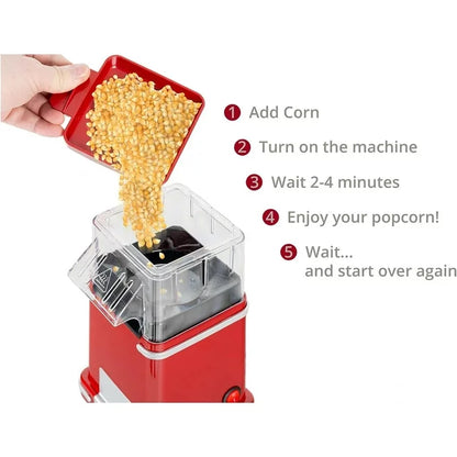 HOOFUN Popcorn Maker, 1200W Fat Free Hot Air Popcorn Popper Retro Design, For Movie Lovers, Metallic Red Popcorn Machine