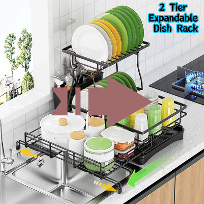 Teblint 2 Tier Dish Racks for Kitchen Counter, Expandable Dish Drying Rack with Dish Drainer, Detachable Dish Dryer for Kitchen Organizer, Rust-Resistant Dish Rack Drain Set with Utensil Holder