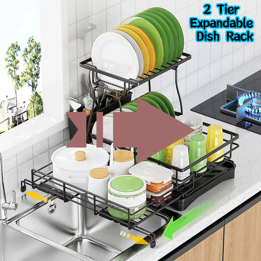 Teblint 2 Tier Dish Racks for Kitchen Counter, Expandable Dish Drying Rack with Dish Drainer, Detachable Dish Dryer for Kitchen Organizer, Rust-Resistant Dish Rack Drain Set with Utensil Holder