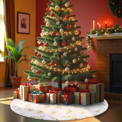 PUCACHI 48in Christmas Tree Skirt,White Faux Fur Christmas Tree Skirt with Gold Sequin Snowflakes & Deers,Large Plush Tree Skirts for Xmas Holiday Party Decorations