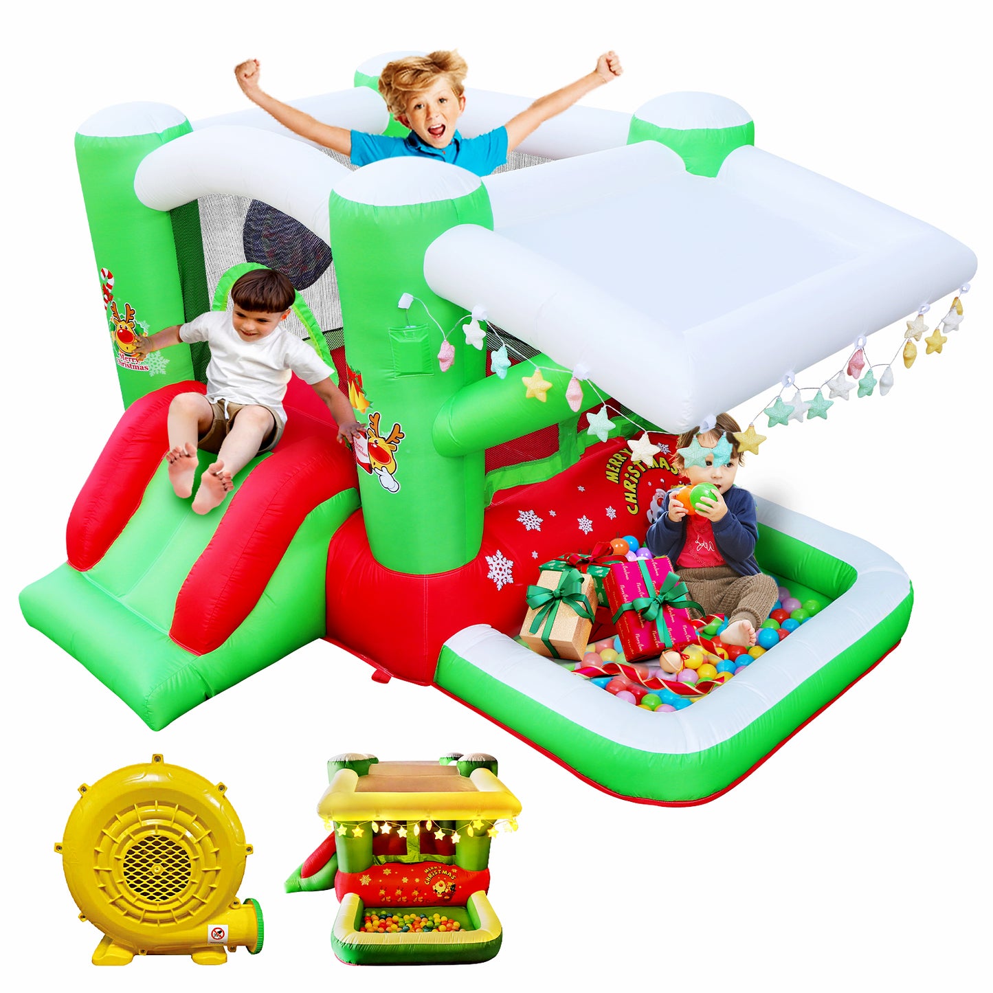 Christmas Jump 'n Slide Inflatable Bouncer for Kids Complete Setup with Blower - 80" x 91" Play Area - 55" Tall, Inflatable Bounce House, Portable Multifunctional Bouncy House for Kids Outdoor