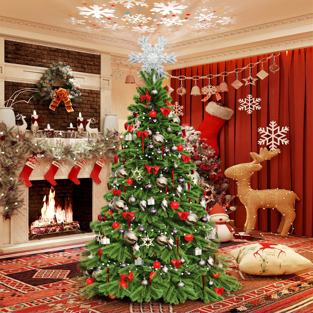 PUCACHI Silver Star Tree Topper with LED Rotating Star Projector Light for Indoor Outdoor Christmas Decoration
