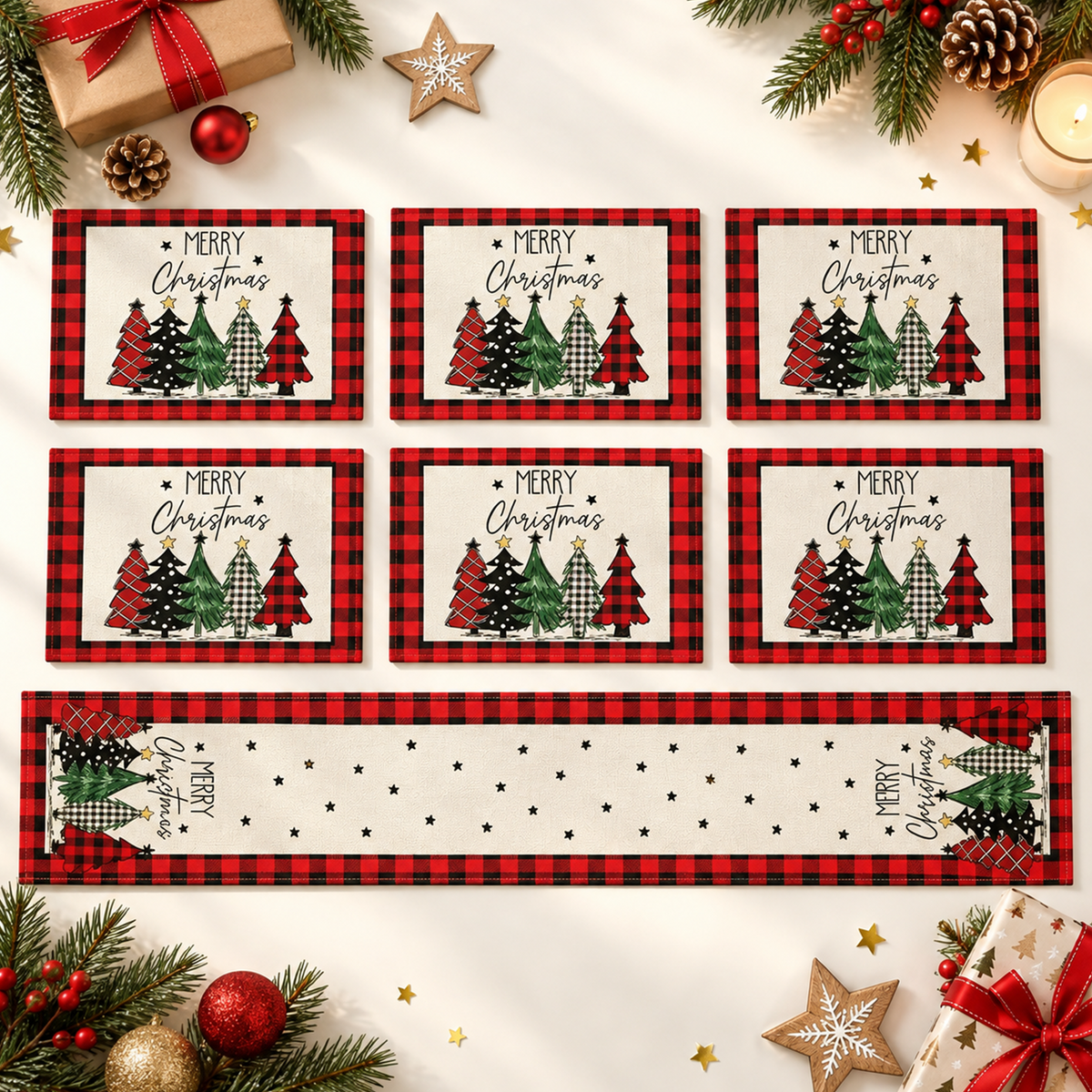 Christmas Placemat Set, 7 Pcs Christmas Table Decor, 6 Placemats with 1 Table Runner, Christmas Tree Pattern, Washable Xmas Kitchen Dining Table Decoration for Holiday Party