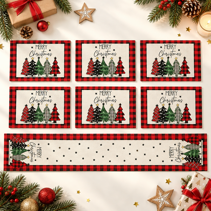 Christmas Placemat Set, 7 Pcs Christmas Table Decor, 6 Placemats with 1 Table Runner, Christmas Tree Pattern, Washable Xmas Kitchen Dining Table Decoration for Holiday Party