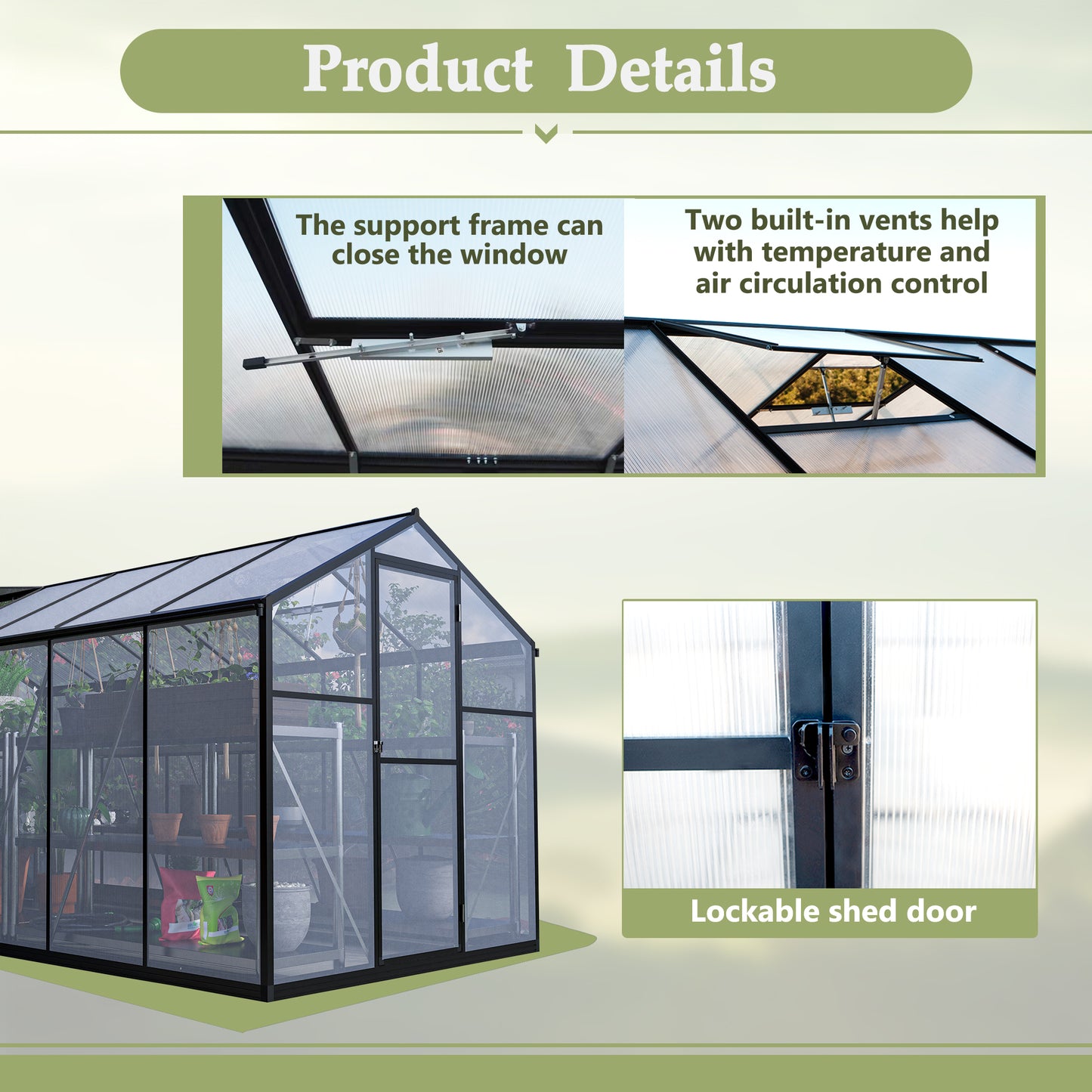 6x12 FT Thicked Polycarbonate Greenhouse, Greenhouse with Double Flush Door, Rain Gutter and Ventilation Window, Green House for Sunroom, Garden, Backyard, Walk-in Large Winter Greenhouse