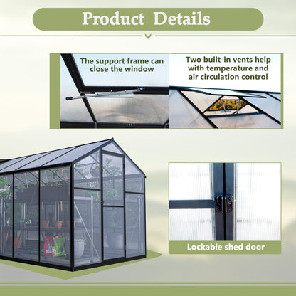 6x12 FT Thicked Polycarbonate Greenhouse, Greenhouse with Double Flush Door, Rain Gutter and Ventilation Window, Green House for Sunroom, Garden, Backyard, Walk-in Large Winter Greenhouse