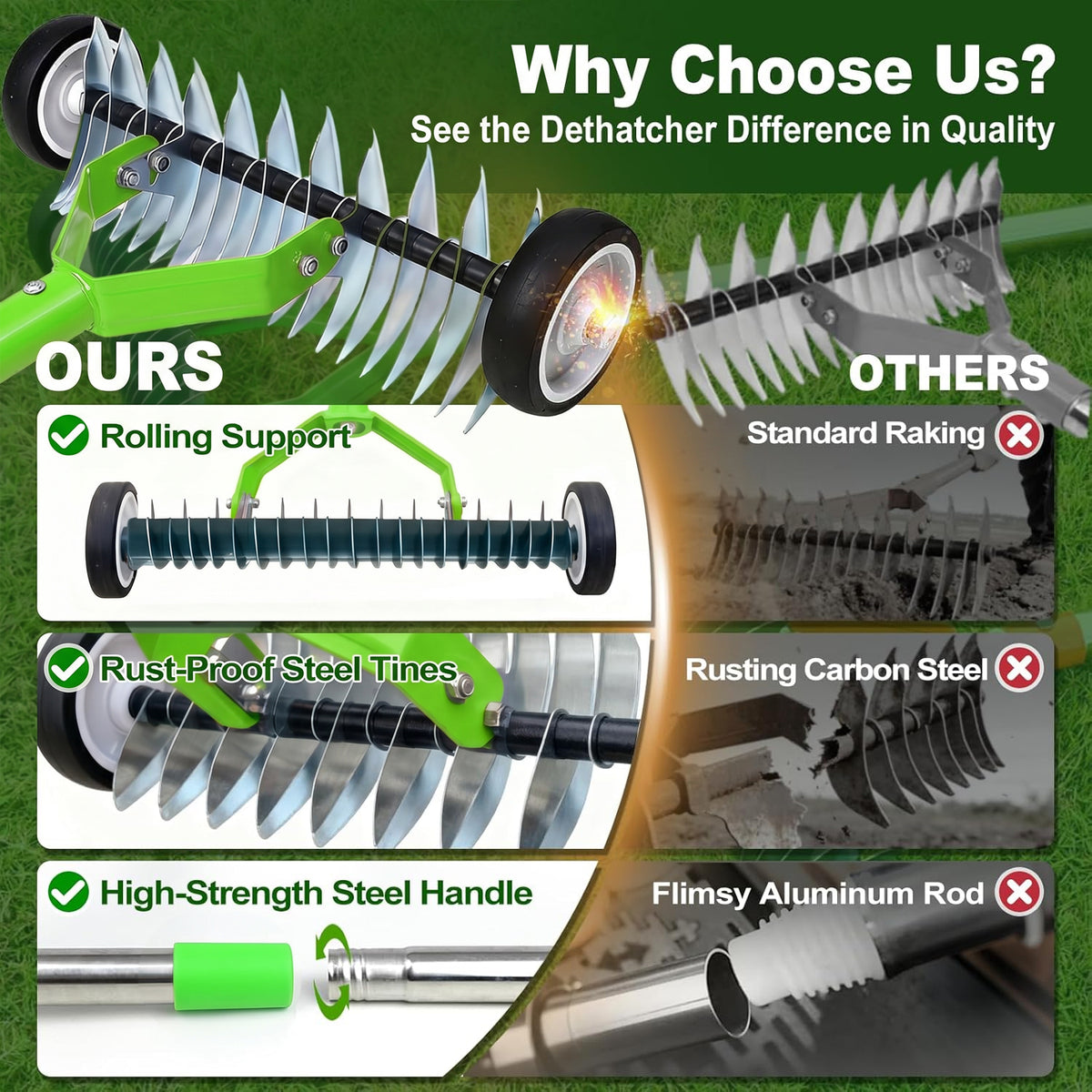Merryhome Thatch Rake with Wheels,37-65.35'' Adjustable Dethatching Roller Rake,Adjustable 0-12° Angle Stainless Steel Blades Heavy Duty Dethatcher,21 Tines Garden Rake for Moss,Grass,Leaves,Debris(Green)