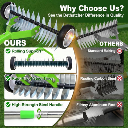 Merryhome Thatch Rake with Wheels,37-65.35'' Adjustable Dethatching Roller Rake,Adjustable 0-12° Angle Stainless Steel Blades Heavy Duty Dethatcher,21 Tines Garden Rake for Moss,Grass,Leaves,Debris(Green)
