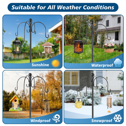 Teblint 88" Heavy Duty Shepherds Hooks for Outdoor, 4-Hook Adjustable Bird Feeder Pole with Reinforced 5-Prong Base, Garden Hanger Stand for Bird Feeders, Hanging Plants, Solar Lights & Lanterns