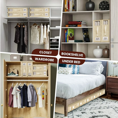 SPORTS JOY 4Pack Bed Sheet Organizer and Storage, Foldable Linen Closet Organizer and Storage with Window, Sheet Storage Organizer for Bedsheets, Blankets and Towel, Duvet Covers (Beige)