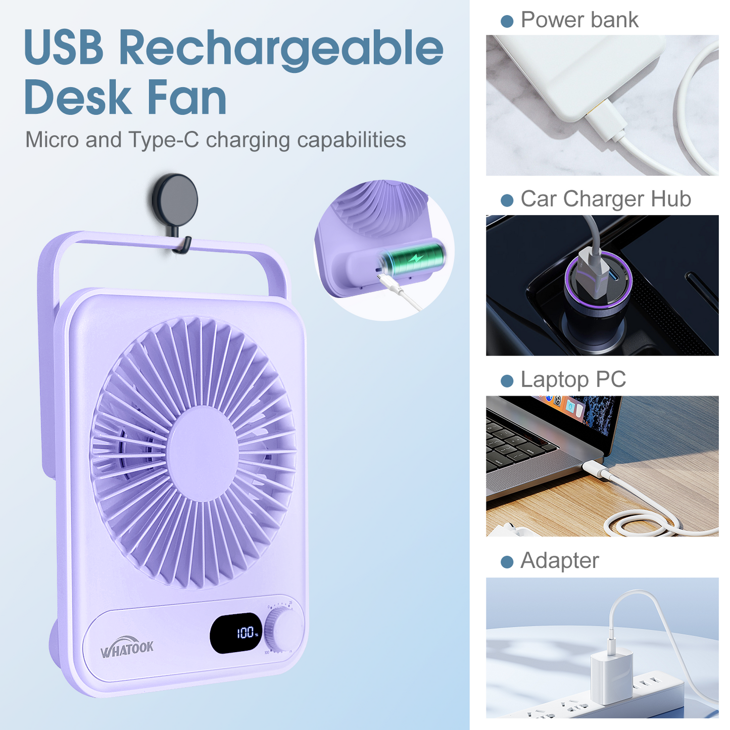 Desk Fan Rechargeable Portable Fan, 2000mAh 10 Hours Battery Operated Personal Silent Table Fan, 100 Speeds Desktop Fan for Bedroom Home Office Outdoor, Purple