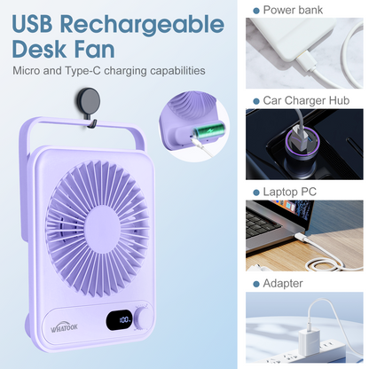 Desk Fan Rechargeable Portable Fan, 2000mAh 10 Hours Battery Operated Personal Silent Table Fan, 100 Speeds Desktop Fan for Bedroom Home Office Outdoor, Purple