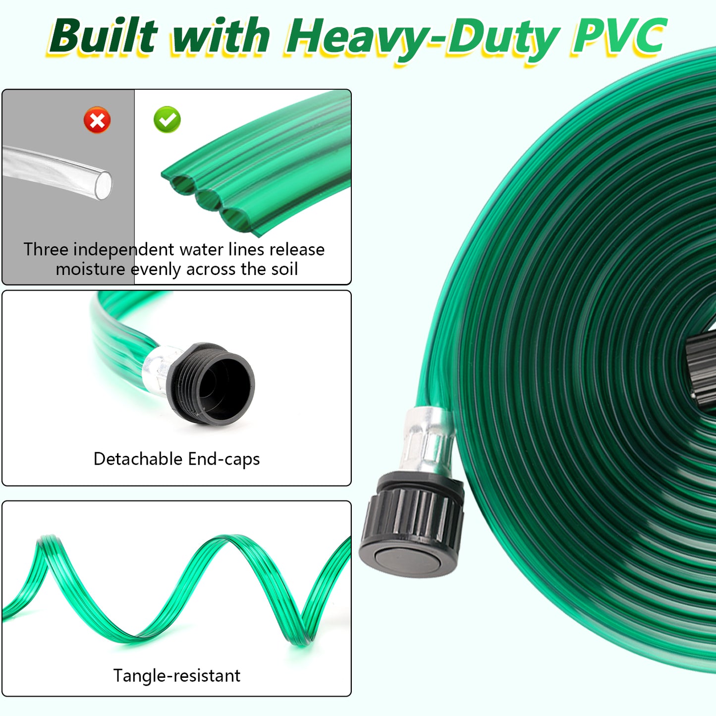 PUCACHI Soaker Hose 50ft Garden Irrigation Hose, Heavy Duty 3-Row Drip Hose with Even Water Distribution, Water Saving Lawn and Garden Watering System