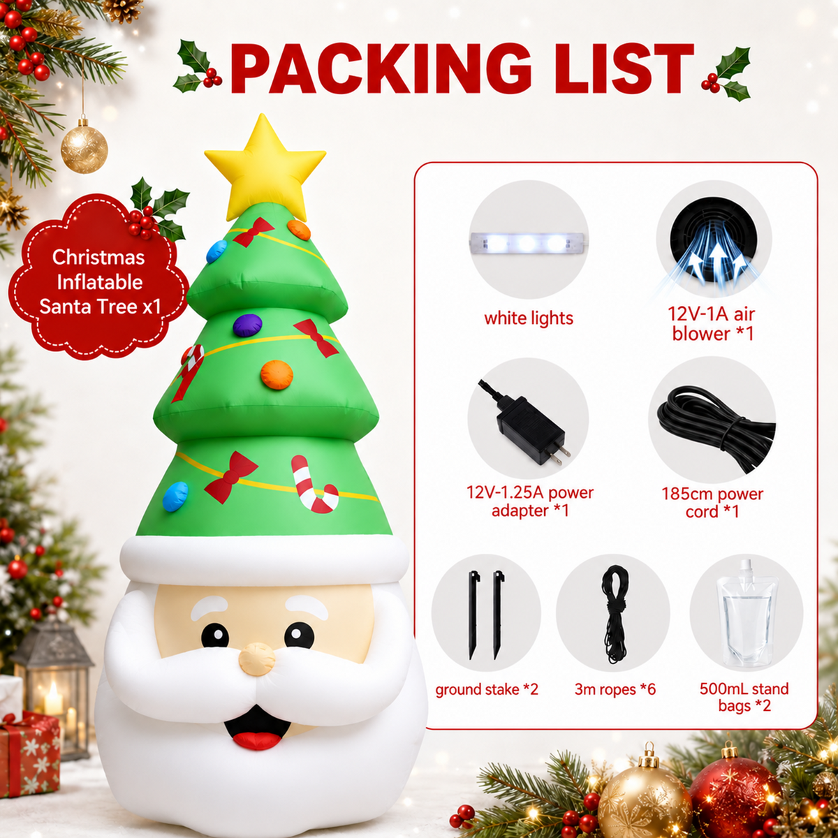 PUCACHI 8FT Christmas Inflatable Santa Claus and Tree Decoration, Built-in LED Lights Blow Up for Party Lawn Holiday Winter Outdoor Decor