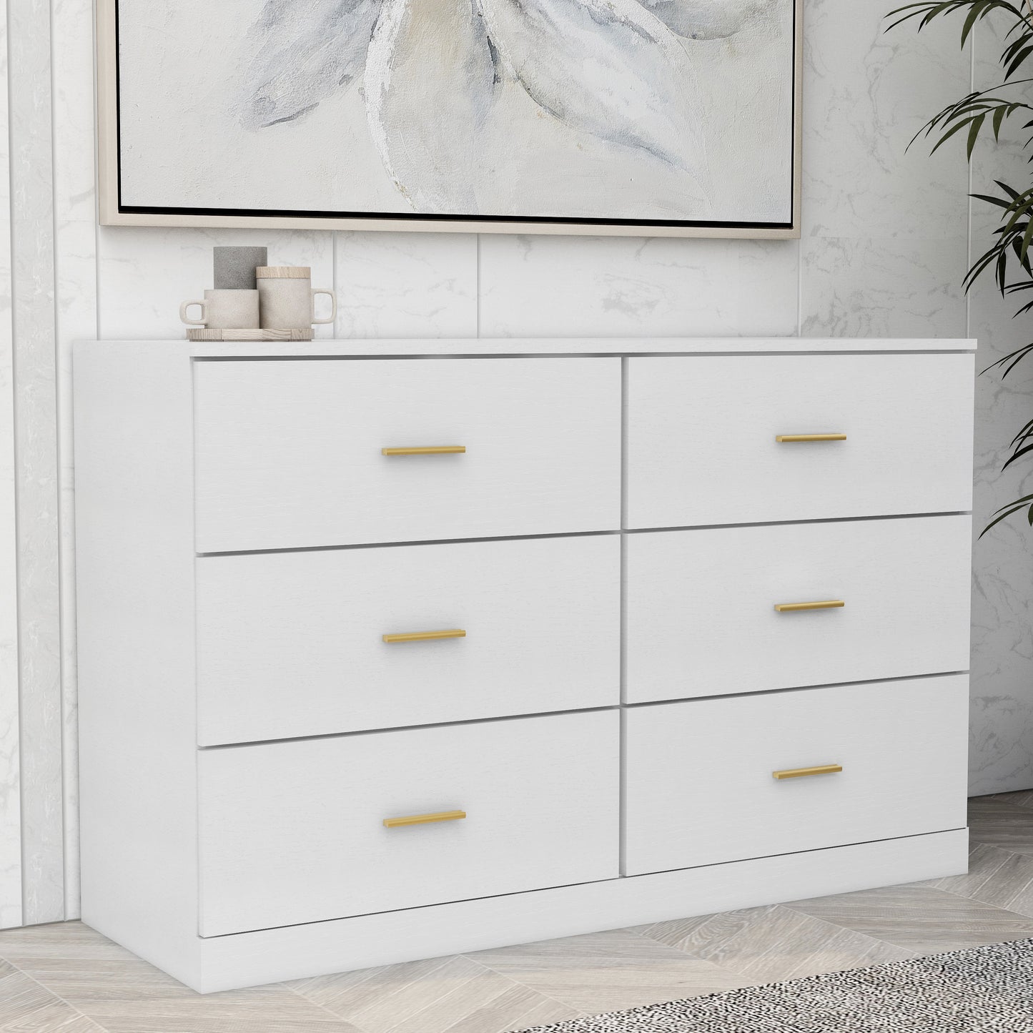 WHATOOK Modern White 6-Drawer Dresser For Bedroom - Ample Storage Wide Chest Of Drawers, Sturdy & Safe Natural Engineered Wood Furniture Primary Living Space Cabinets